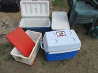    (4) Coolers, (4) Poly Lawn Chairs, Poly Kids Picnic Table