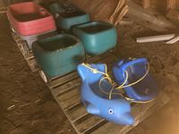    (2) Plastic Kids Wagons with Trailers and (2) Swing Seats
