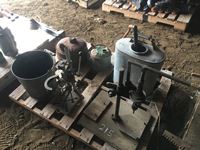   Assorted Collectable Items Including Gas Cans, Sprayer, Pail, Drill Presses