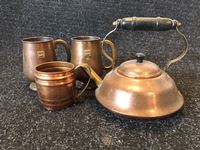    Copper and Brass (3) Beer Mugs and Tea Kettle