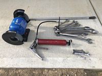    6" Bench Grinder, Grease Gun, Wrenches, Pry Bar