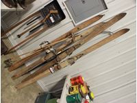    Vintage Wood Skis w/ Set of Bamboo Poles