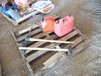    Pallet with Pick Axe, Sledge Hammer, Jerry Cans