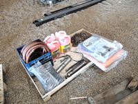    Pallet with (2) Unused Poly Tarps, Various Lengths Chain, Bug Wash, (2) Grease Guns, Garden Hoses