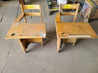    (2) Antique School Desks & (1) Antique High Chair