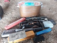    Tin Tub of Misc Shop Tools, Torque Wrench, Drill Bits, Double Flaring Tools Kit & Sockets