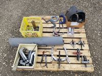    Pallet of Misc Gear Pullers, Gas Kit Paper, Clamps, Welding Helmets & Misc