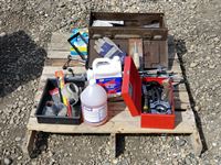    Pallet of Misc Shop Items, Tool Box, Oils, Anchors & Misc