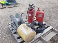    Pallet of Pump Extinguishers, Air Tank, Gas Tank With Pump, Reel Hydraulic Hose