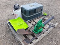    Pallet of Shovels, Pet Crate, Leaf Blower & Chemical Sprayer