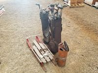    Pallet Of (2) Golf Clubs, Sled, Boothorn, Muskrat Trap & Copper Pump Fire Extinguisher