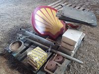    Pallet with Shell Sign, Mud Flaps, Grinder Sanding Papers & Misc