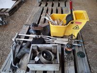    Pallet With Set Of Crutches, Mop Bucket, Antique Torch Lamp & Misc