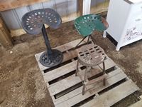    (2) Tractor Seat Stools & (1) Small Steel Stool
