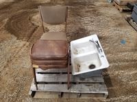    (3) Stacking Chairs, (1) Kitchen Chair & Cast Iron Sink