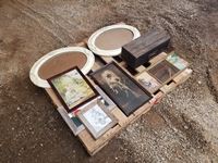    Pallet Of Domed Glass Picture Frames, Antique Wall Hangings, Wooden Box