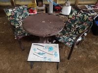    Small Round Table, 2 Metal Chairs & Small Metal Side Table