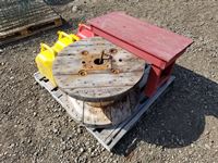    Wooden Spool, Table & (3) Jerry Cans