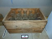    Antique Wooden Box with (15) Glass Milk Jars