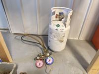    Full Bottle of R22 Refrigerant and AC Gages