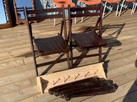   (2) Foldable Deck Chairs, (1) Wood Shelf / Coatrack, (4) Vintage Table Legs