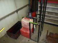    (3) Jerry Cans, Large Oil Drain Pan & Metal Rack