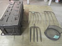    (3) Pitch Forks Heads, Army Tool Box, Mesh Basket