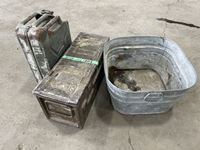    Metal Gas Can, Ammo Box & Metal Tub