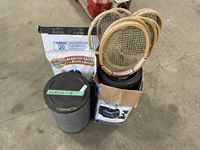    Tennis Racket, Bag of Charcoal Briquets, Air Filter
