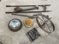    Steel Wheel, Box of Railway Spikes, Light, Etc.