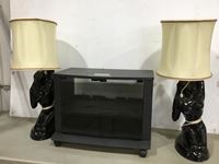    TV Stand on Wheels with Glass Doors, (2) Vintage Lamps