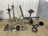    Assorted Weights, Squat Rack Leg and Bicep Curl Machine.