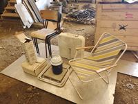    (2) Folding Chairs, (3) Chairs, Fan, Water Jug & Water Element
