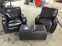    (2) Faux Leather Recliners and Ottoman