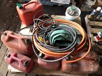    (7) Jerry Cans, Grease Guns, Tarps, Hoses, & Screws
