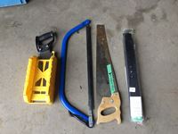    (3) Saws, Mitre Box & 22 Inch Lawnmower Blade