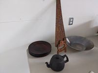    (5) Wood Plates, Tin Pan, Metal Tea Pot & Hand Saw