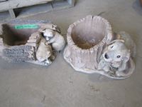    Cement Rabbit and Raccoon Planters