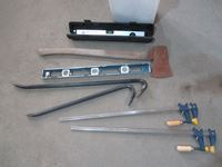    Tote of Assorted Tool, Crow Bars, Levels, Axe, Clamps, Booster Cable End