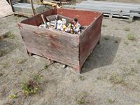    Wood Crate with Miscellaneous Cleaners, Paints, Nails.