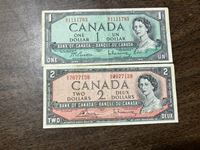 1954 Canadian $2 & $1 Bills