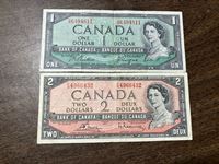 1954 Canadian $2 & $1 Bills