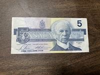 1986 Canadian $5 Bill
