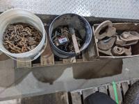 (2) Pails of Assorted Chains, Wooden Box of Pulleys
