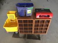    Mop Pails, Wood Organizers and Paper Towel Dispenser