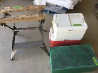    (2) Coolers, Green Tool Box & B & D Work Bench
