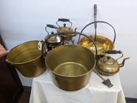 Large Brass Lot with Kitchen Jelly Pans, & Kettles