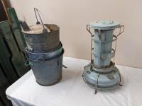 Aladin Kerosene Heater, 4) Metal Pails, & (2) Coal Shovels