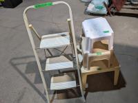 (2) Stools, Plastic Table and Step Ladder