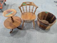 Antique Chair, Half Barrel Planter and 2 Tier Sidetable